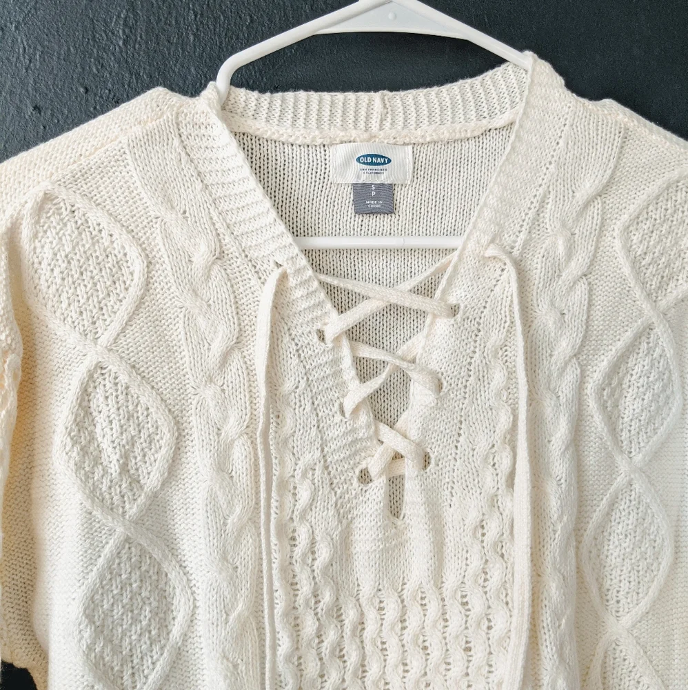 Old Navy White Cable Knit Lace Up V-neck Sweater